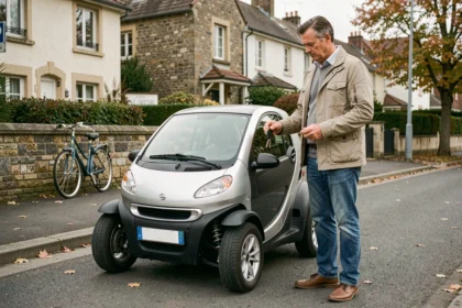 Un homme examine une petite voiture sans permis d'occasion garée dans une rue résidentielle, tenue décontractée, clés en main