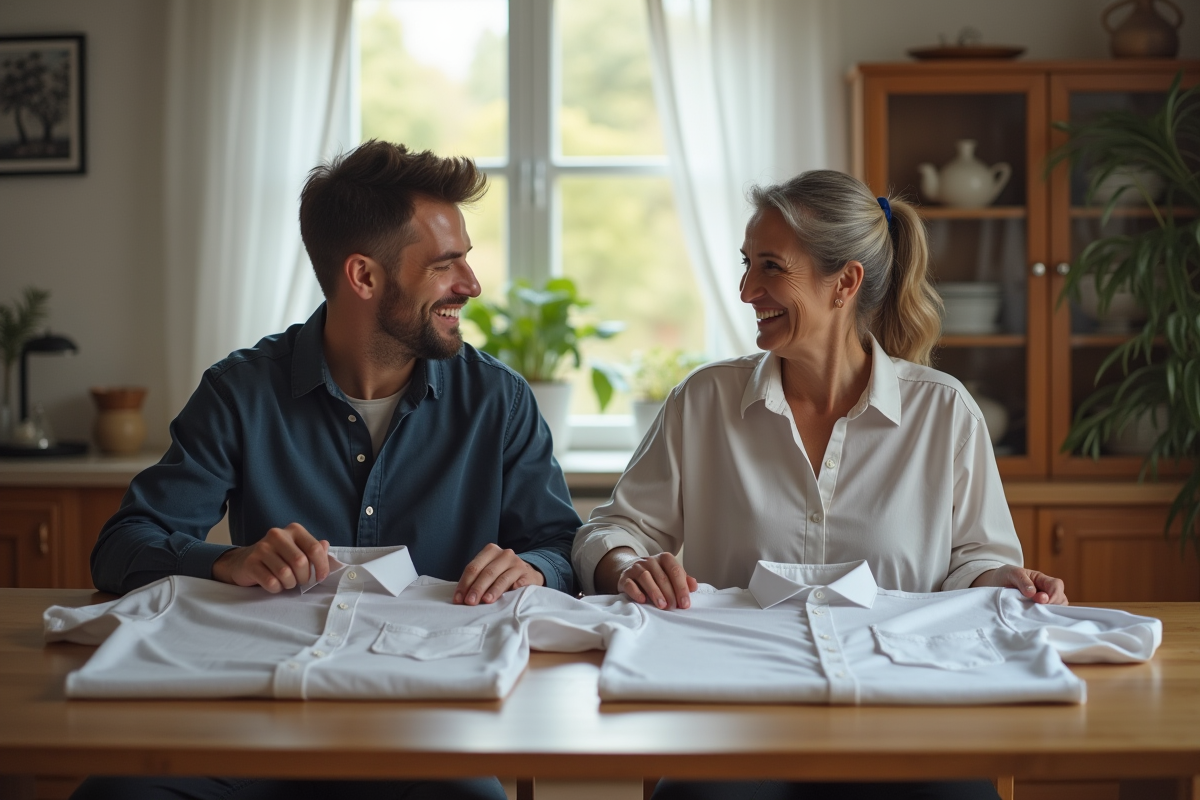 Un homme et une femme comparent des chemises XL à la maison