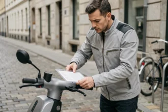 Homme fixant un porte-documents d'assurance sur le guidon de son scooter en ville