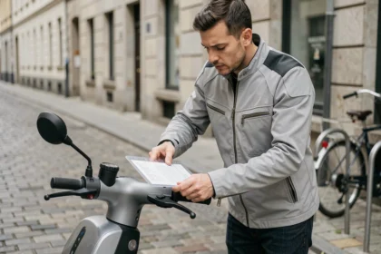 Homme fixant un porte-documents d'assurance sur le guidon de son scooter en ville