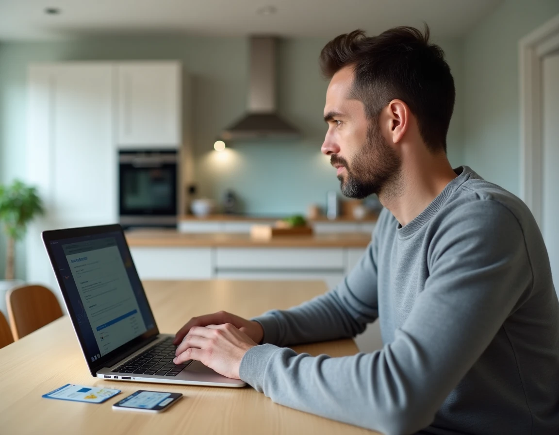 Homme consultant son permis de conduire pour renseigner la date de délivrance sur un formulaire d'assurance auto en ligne