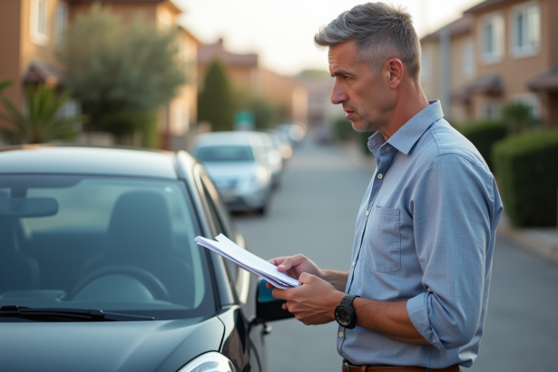 Homme inquiet avec documents d'assurance devant sa voiture endommagée