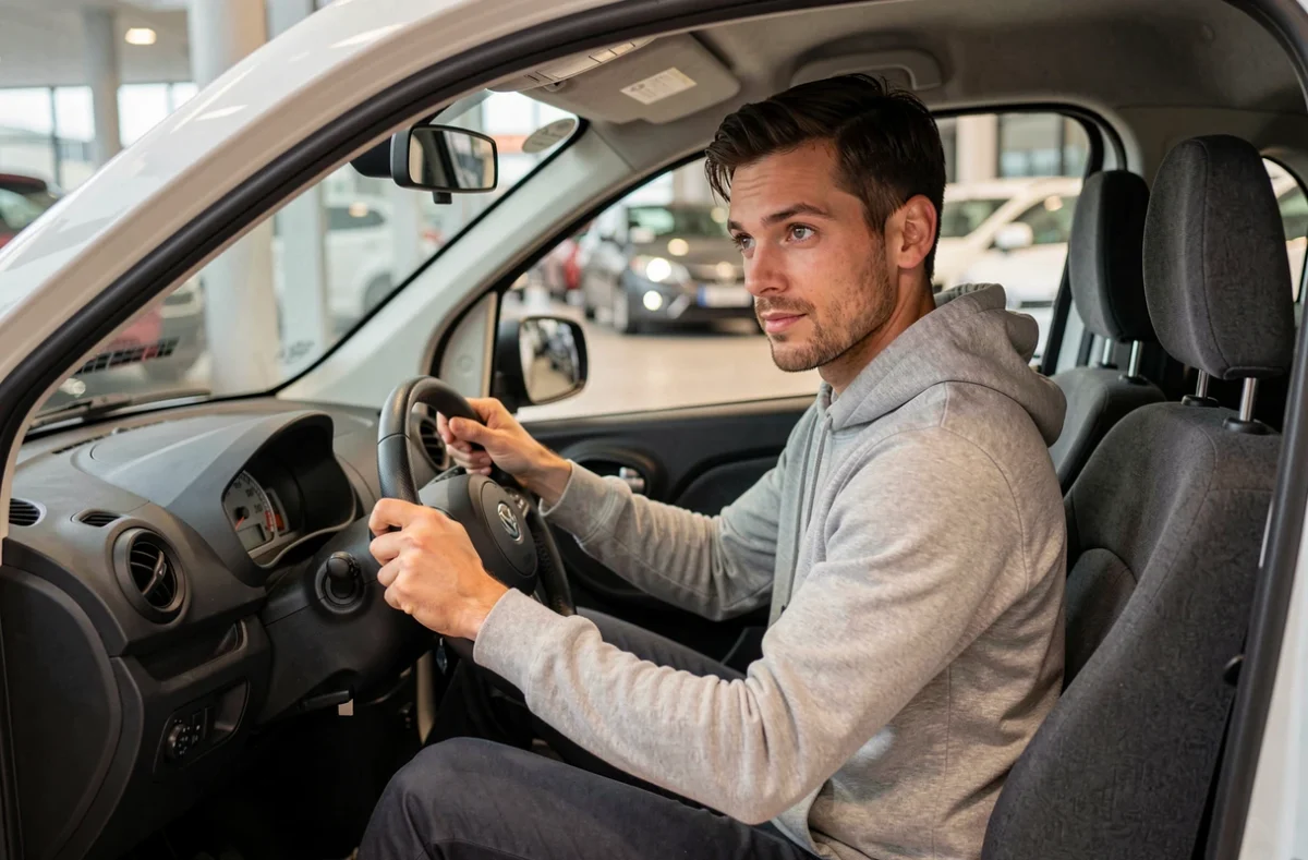 Homme assis dans une voiture sans permis testant le tableau de bord dans une concession à Nancy