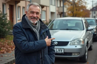 Homme letton souriant pointant la plaque LV de sa voiture