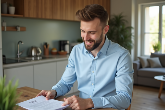 Homme lisant des documents d'assurance à la maison