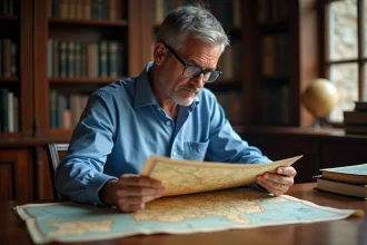 Homme d'âge moyen étudiant une vieille carte de France