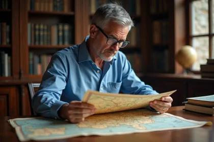 Homme d'&acirc;ge moyen &eacute;tudiant une vieille carte de France