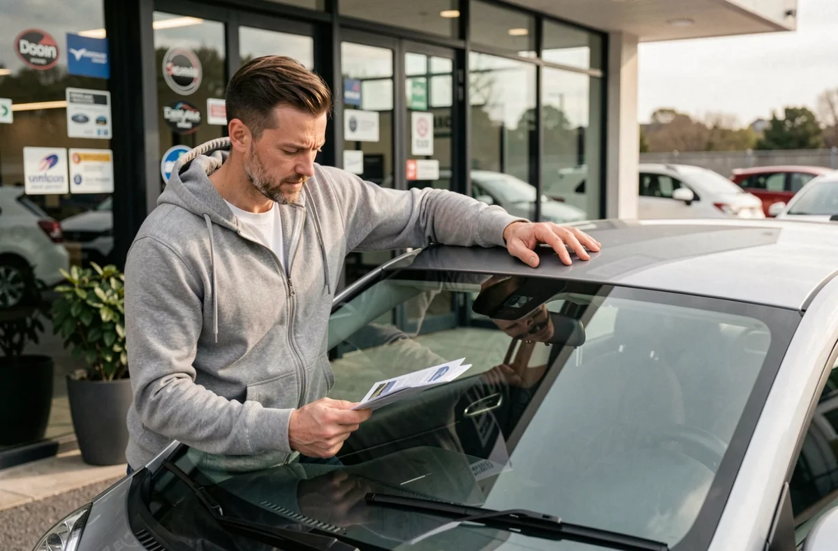 Homme examinant un contrat de location de voiture sans permis chez un concessionnaire