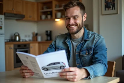 Homme souriant avec manuel Renault Clio 3 &agrave; la maison