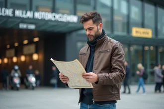 Homme en moto jacket consulte une carte à Milan