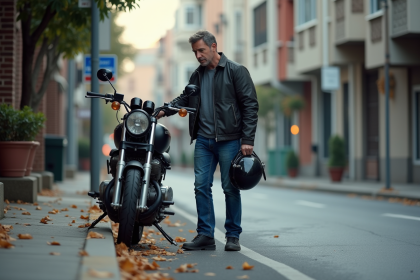 Homme inquiet regardant sa moto en ville