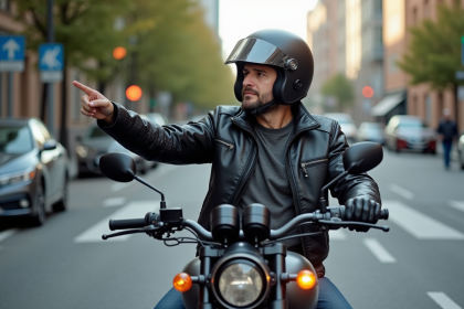 Homme en moto jacket pointant le clignotant en ville
