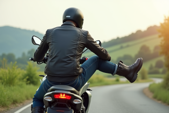 Homme en moto sur route rurale avec jambe tendue