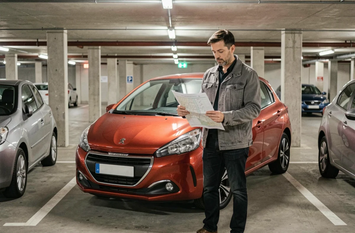 Homme consultant un plan de parking à côté d'une Peugeot 208 rouge dans un stationnement souterrain