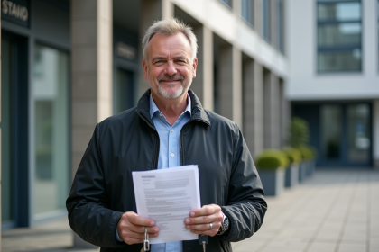 Homme d'âge moyen tenant documents et clés devant un bâtiment officiel