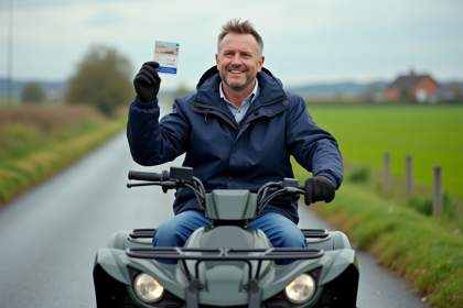 Homme souriant avec permis de conduire sur quad en campagne