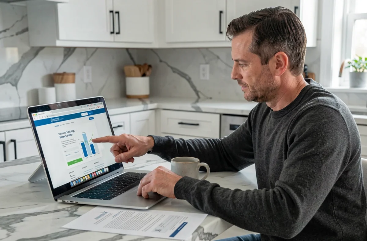 Homme recherchant son relevé d'information assurance auto en ligne depuis sa cuisine