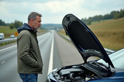 Homme d'&acirc;ge moyen r&eacute;pare sa voiture sur l'autoroute