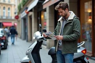 Homme examinant un flyer à côté d’un scooter en ville