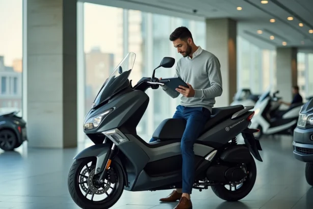 Homme regardant un scooter Yamaha TMAX 2026 dans un showroom moderne