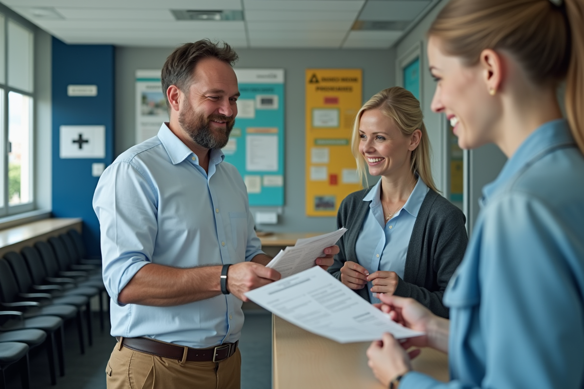 Homme remettant un document à un agent dans un bureau administratif