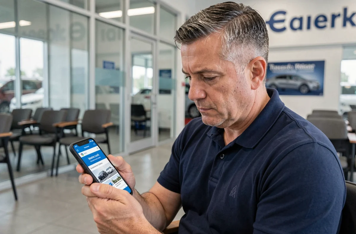 Homme consultant son assurance auto sur smartphone dans une salle d'attente de concessionnaire automobile