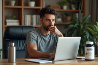 Homme sportif au bureau avec supplément booster