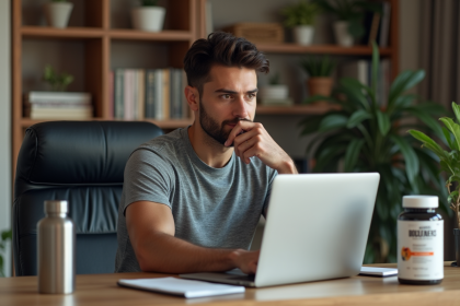 Homme sportif au bureau avec supplément booster