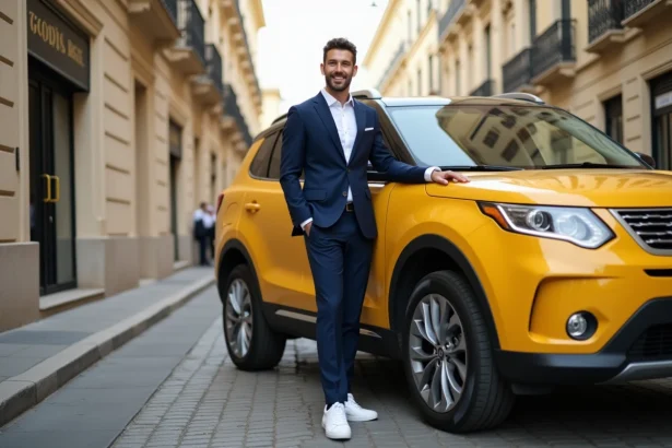 Homme en costume avec SUV de luxe en ville