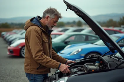 Homme d'&acirc;ge moyen inspectant le capot d'une voiture rallye