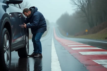 Homme en pluie inspectant ses pneus sur route mouill&eacute;e