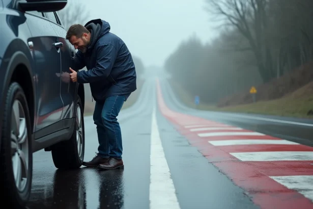 Homme en pluie inspectant ses pneus sur route mouillée