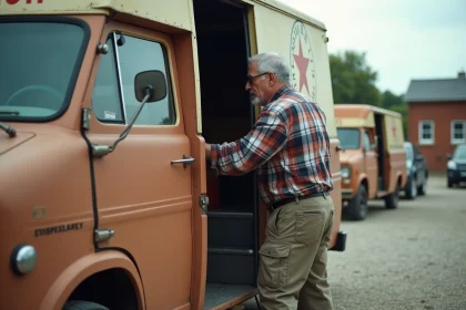 Homme inspectant un van vintage en ext&eacute;rieur