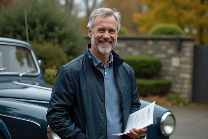 Homme d'âge moyen avec voiture ancienne et documents