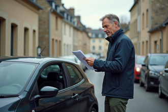 Homme d'âge moyen avec documents d'assurance voiture