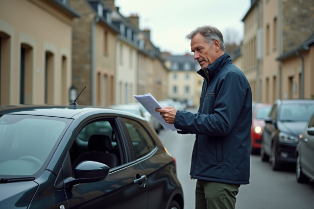 Homme d'âge moyen avec documents d'assurance voiture