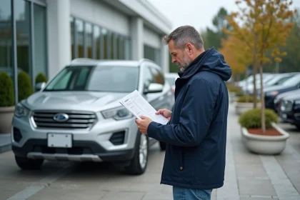 Homme en windbreaker consulte brochure auto devant crossover