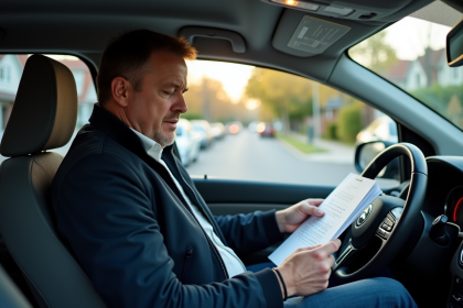 Homme d'âge moyen dans une voiture lisant des documents officiels