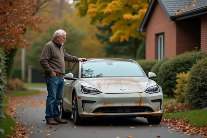 Homme d'âge moyen examinant une voiture électrique ancienne dans une cour