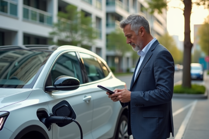 Homme d'âge moyen vérifiant sa voiture électrique au chargeur