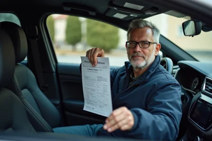 Homme en voiture tenant son certificat d'immatriculation