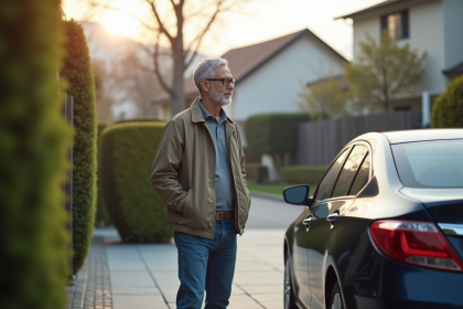 Homme d'âge moyen près de sa voiture dans une cour résidentielle