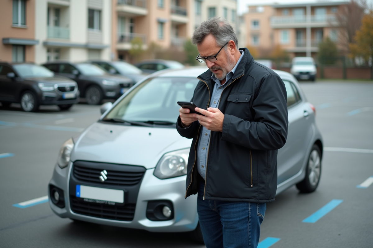 Homme vérifie ses dépenses automobiles en ville