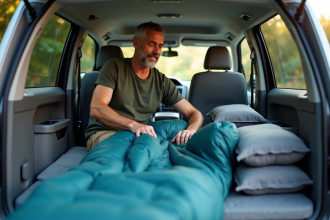Homme détendu dans un minivan aménagé pour dormir