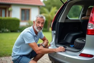 Homme vérifiant la roue de secours devant sa voiture