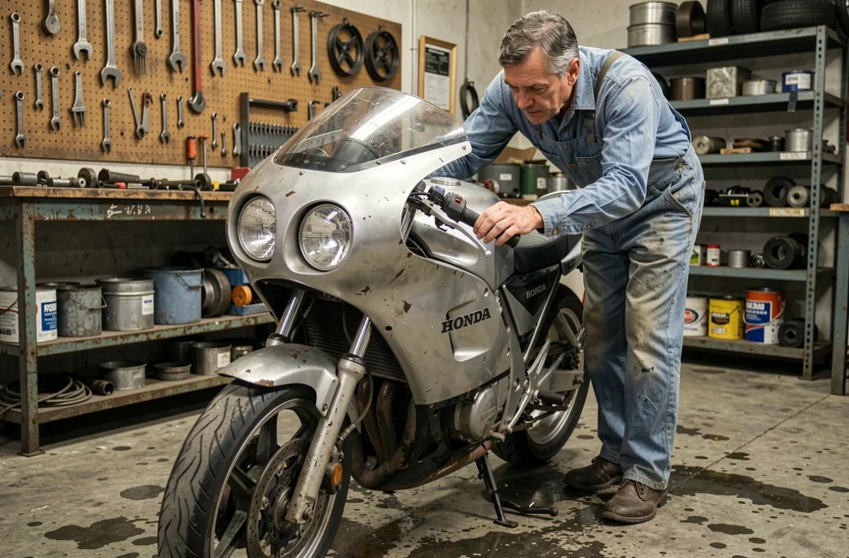 Mécanicien inspectant une Honda CB 900 Bol d'Or dans un atelier de mécanique vintage