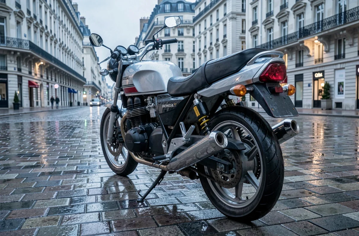 Honda CB 900 F restaurée sur des pavés mouillés d'une place urbaine parisienne au petit matin