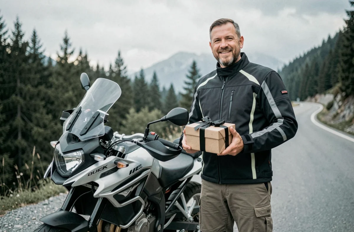 Motard passionné tenant un cadeau emballé devant sa moto sur une route de montagne