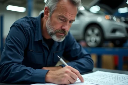 Ingénieur automobile consultant des fiches techniques de conversion CV en kW dans un atelier moderne