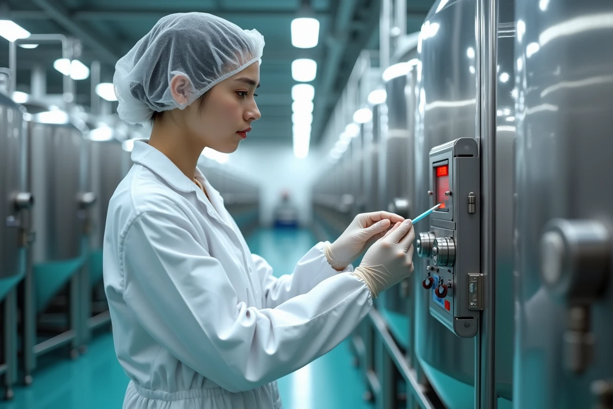 Inspectrice en blouse et charlotte prélève un échantillon dans une usine alimentaire